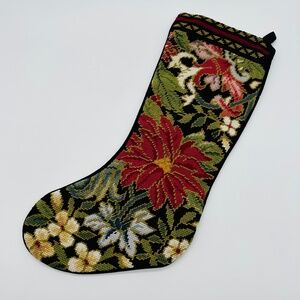 Vintage Pier 1 Needlepoint Poinsettia and Floral Christmas Stocking Black